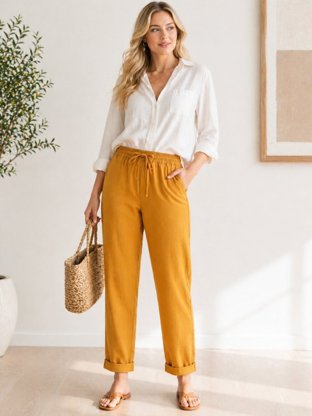 J. Crew Mustard Linen Pants Joggers Elastic Waist Drawstring Casual Summer 12 - Picture 6 of 6